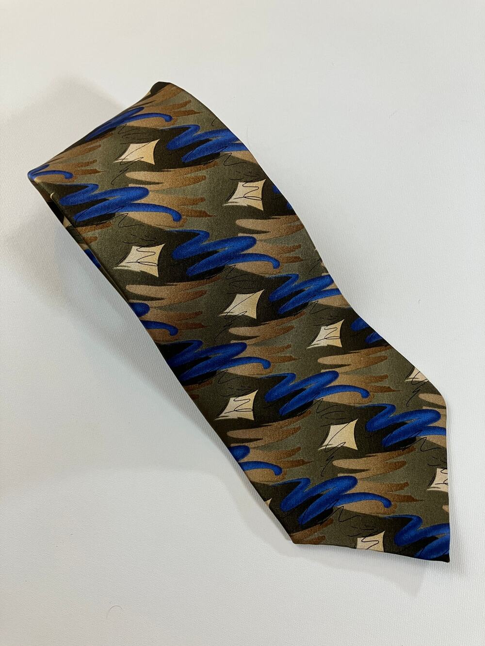 Vintage Murano Italia Silk Tie 61” Abstract Geometric Blue Olive Made USA 90s